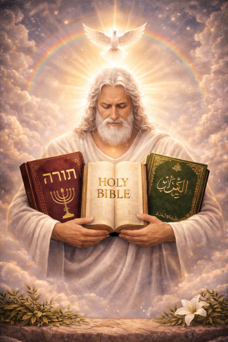 God embracing the Torah, Holy Bible, and Qur’an